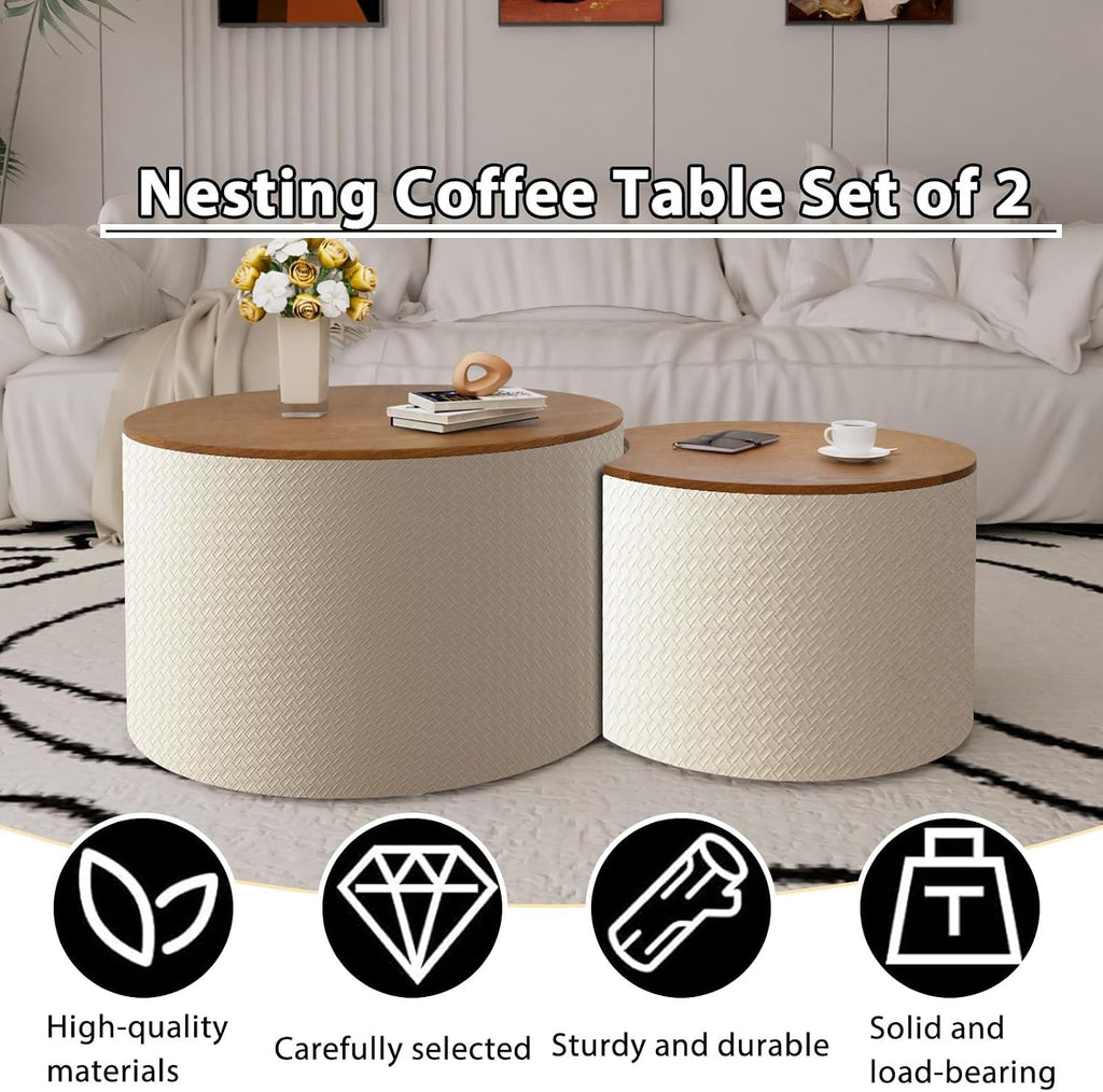 26.8" Nesting Round Coffee Table Set of 2 with Storage | Stackable Round Side End Table Nesting Set, White Upholstery, Wood Frame, Built-In Storage, For Small Living Space