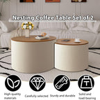 26.8" Nesting Round Coffee Table Set of 2 with Storage | Stackable Round Side End Table Nesting Set, White Upholstery, Wood Frame, Built-In Storage, For Small Living Space