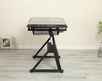 Drafting Table with Storage and Stool, Art Desk for Adults Hand Crank Adjustable Height with 2 Metal Drawers, Glass Craft Drawing Table Artist Desk with Extra Desktop (Black)