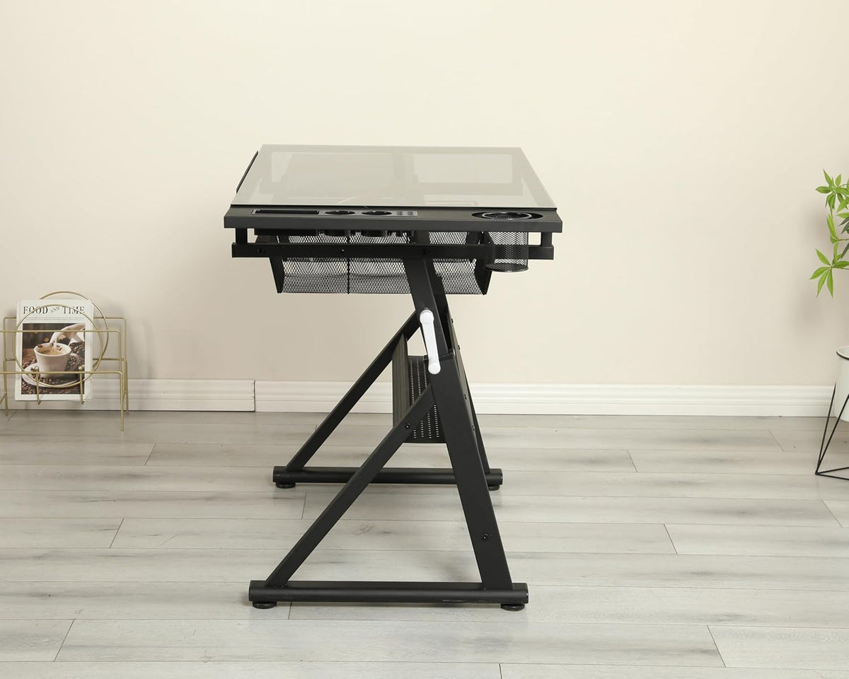 Drafting Table with Storage and Stool, Art Desk for Adults Hand Crank Adjustable Height with 2 Metal Drawers, Glass Craft Drawing Table Artist Desk with Extra Desktop (Black)