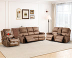 HAOMARKETS 3-Piece Power Reclining Sofa Set with Rivets, Included Electric Massage Recliners, Loveseat Couch with Console and 3-Seater Recliner Sofa, Faux Leather Living Room Furniture Set, Brown