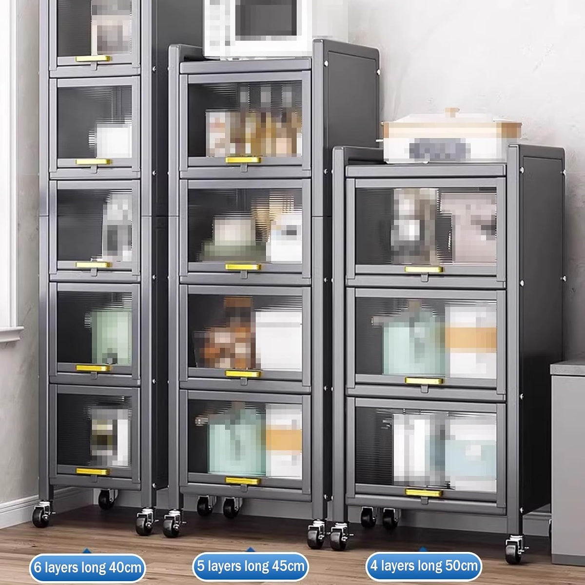Kitchen Storage Cabinets, Minimum Footprint is Only 35cm Wide, Carbon Steel Kitchen Shelves with Transparent Flip Door, for Kitchen Dining Living(Gray,45 * 42 * 152cm)