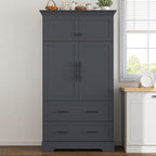 Farmhouse Freestanding Kitchen Pantry, 72.6''H Tall Wooden Kitchen Storage Cabinet with 2 Doors, Pull-out Trays, 2 Drawers and Cake Pan Storage Organizer for Dining Room Living Room (Grey-1.12)