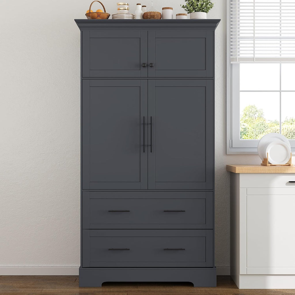 Farmhouse Freestanding Kitchen Pantry,4 Doors Dining Storage Cabinet with Pull-Out Trays, Drawers and Cake Pan Storage Organizer,for Dining Room Living Room (Grey-h)