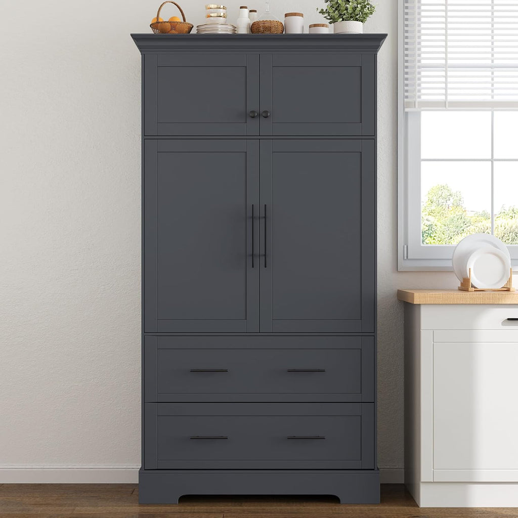 Farmhouse Pantry Cabinet, 72.6''H Freestanding Food Pantry with Pull-Out Trays, Drawers and Cake Pan Storage Organizer, 4 Doors Kitchen Cabinet for Dining Room, Grey