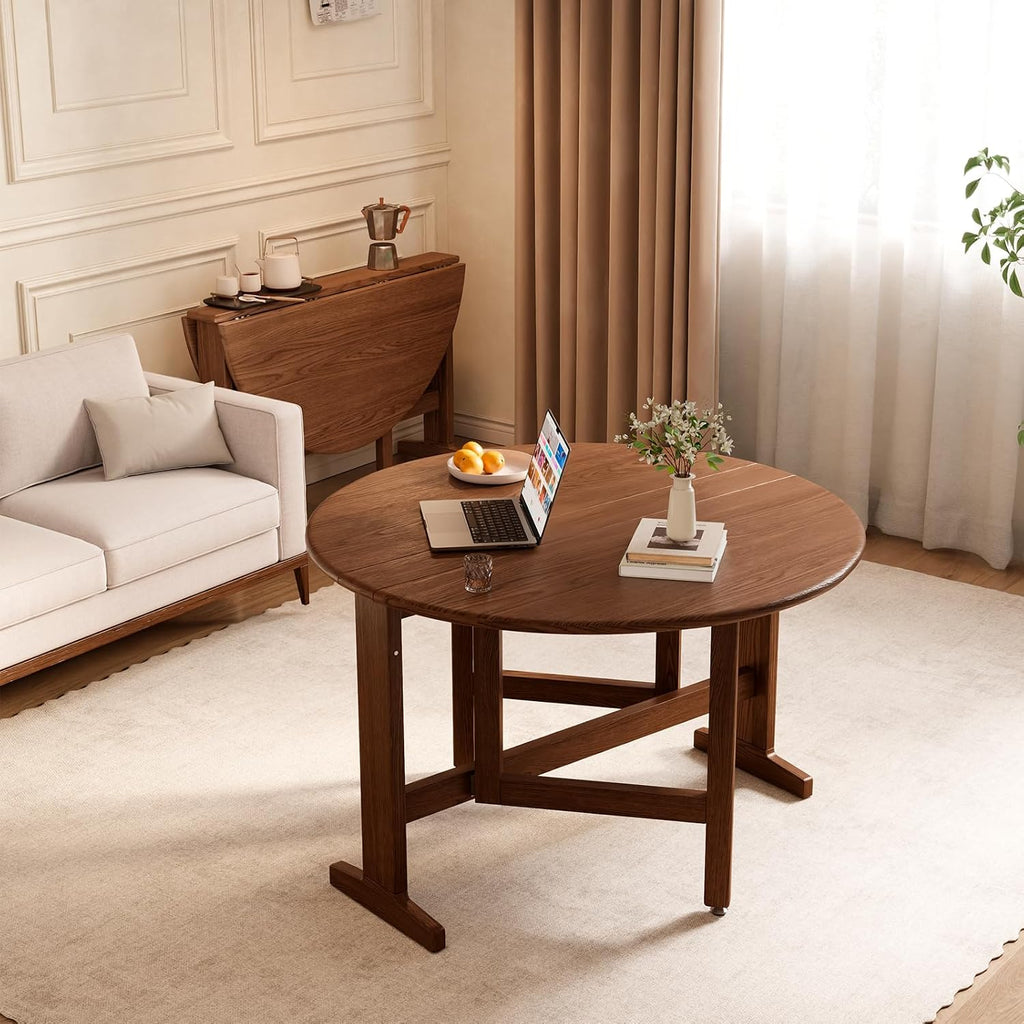 47.2" Solid Wood Small Round Dining Table, 3 in 1 Space Saving Folding Dining Table, Foldable Kitchen Table for 2-6, Round Table with Leaf, Wooden Folding Table Drop Leaf Tables for Small Spaces