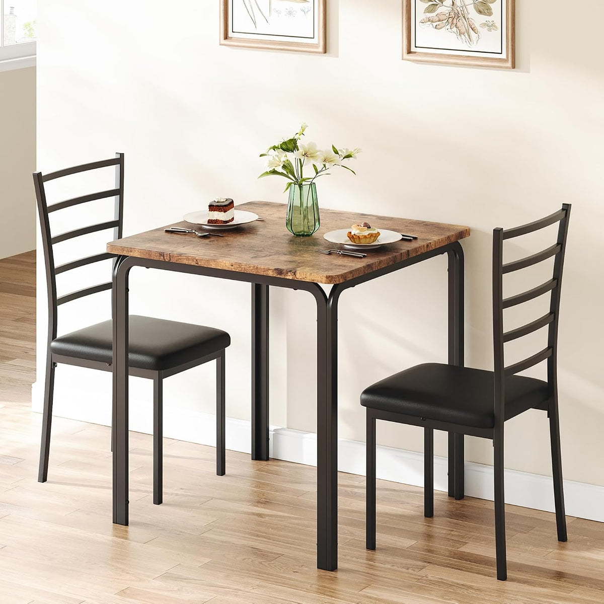 GarveeHome 3-Piece Kitchen Dining Room Table Chair Set for Small Space, Indoor Modern Dinette Set for 2, Square Dinner Table Set for Dinette (Rustic Brown‌, Dining Table with 2 Chairs)