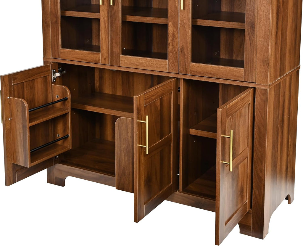 73" Tall Arched Kitchen Pantry with Three Glass Doors,Door Shelves & Adjustable Shelves, Tall Cupboard for Dining Room, Bathroom (Walnut-CW)