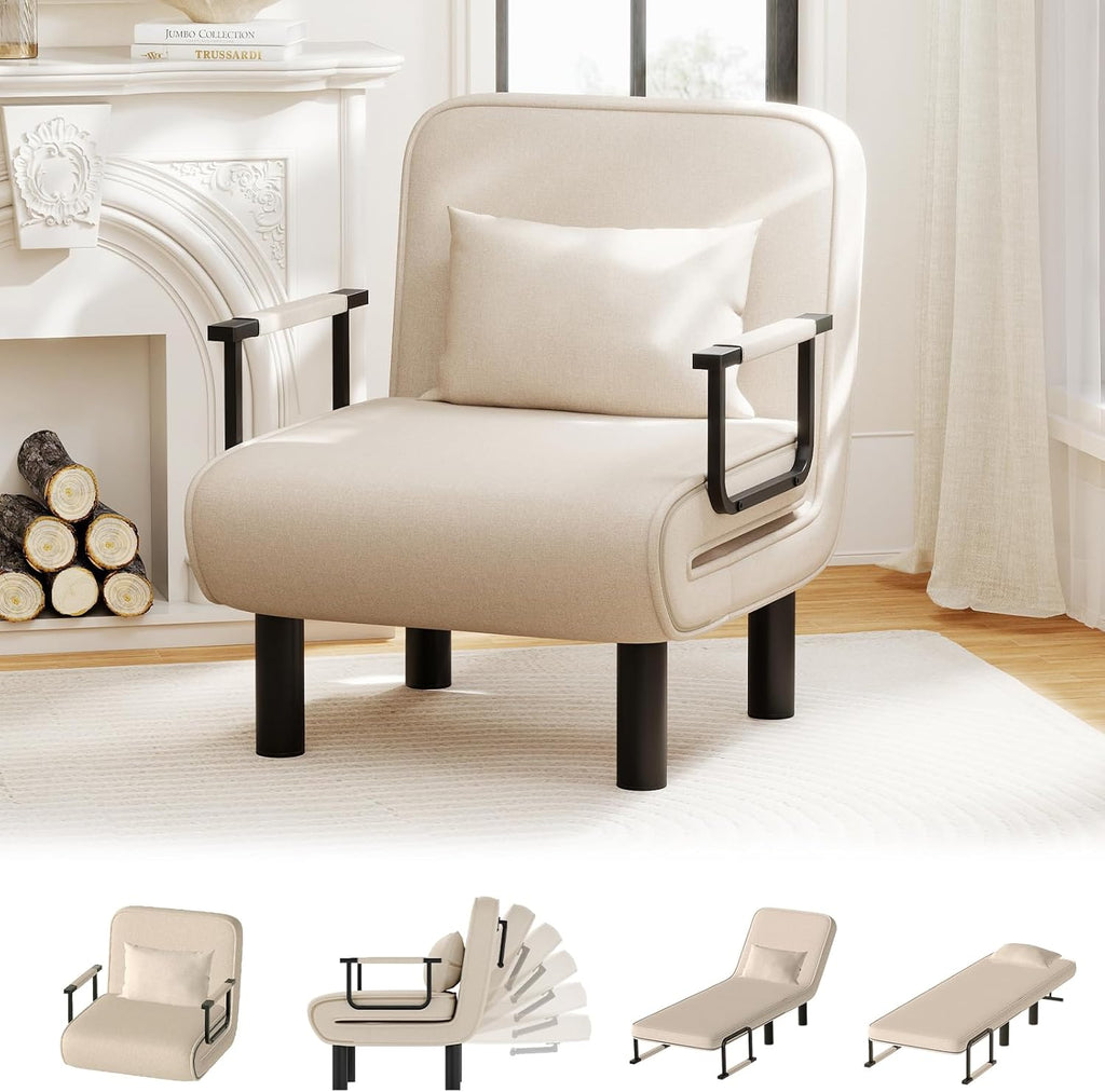 Furniliving 4 in 1 Folding Sofa Bed Chair, Convertible Sleeper Chair Bed with 6-Position Adjustable Backrest, Upholstered Chaise Lounge with Pillow, Accent Chairs for Bedroom, Linen, Beige