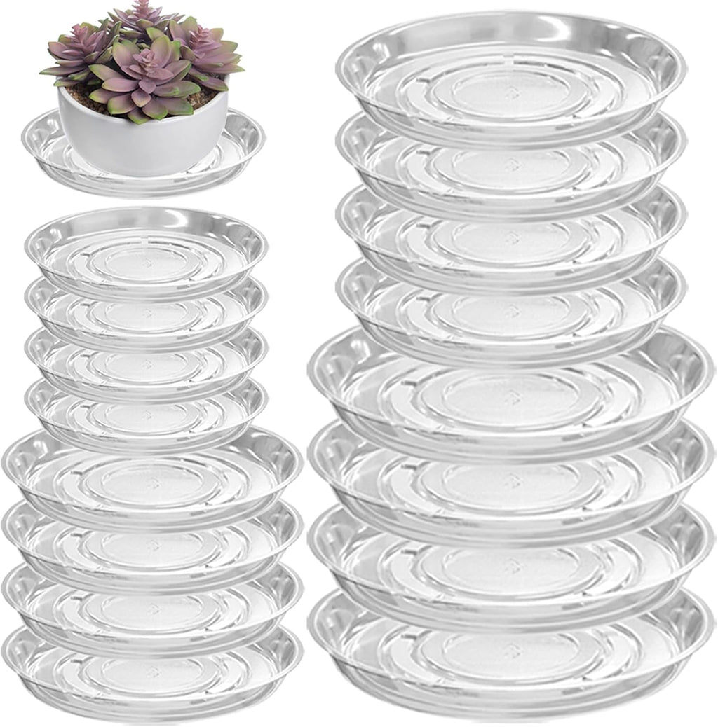 16 Packs 6/8/10/12 Inches Large Clear Plant Saucers for Indoor Outdoor Use Heavy Duty Plastic Plant Trays for Planter Bulk Flower Pot Drip Trays to Catch Water, 4 to 20 Inch