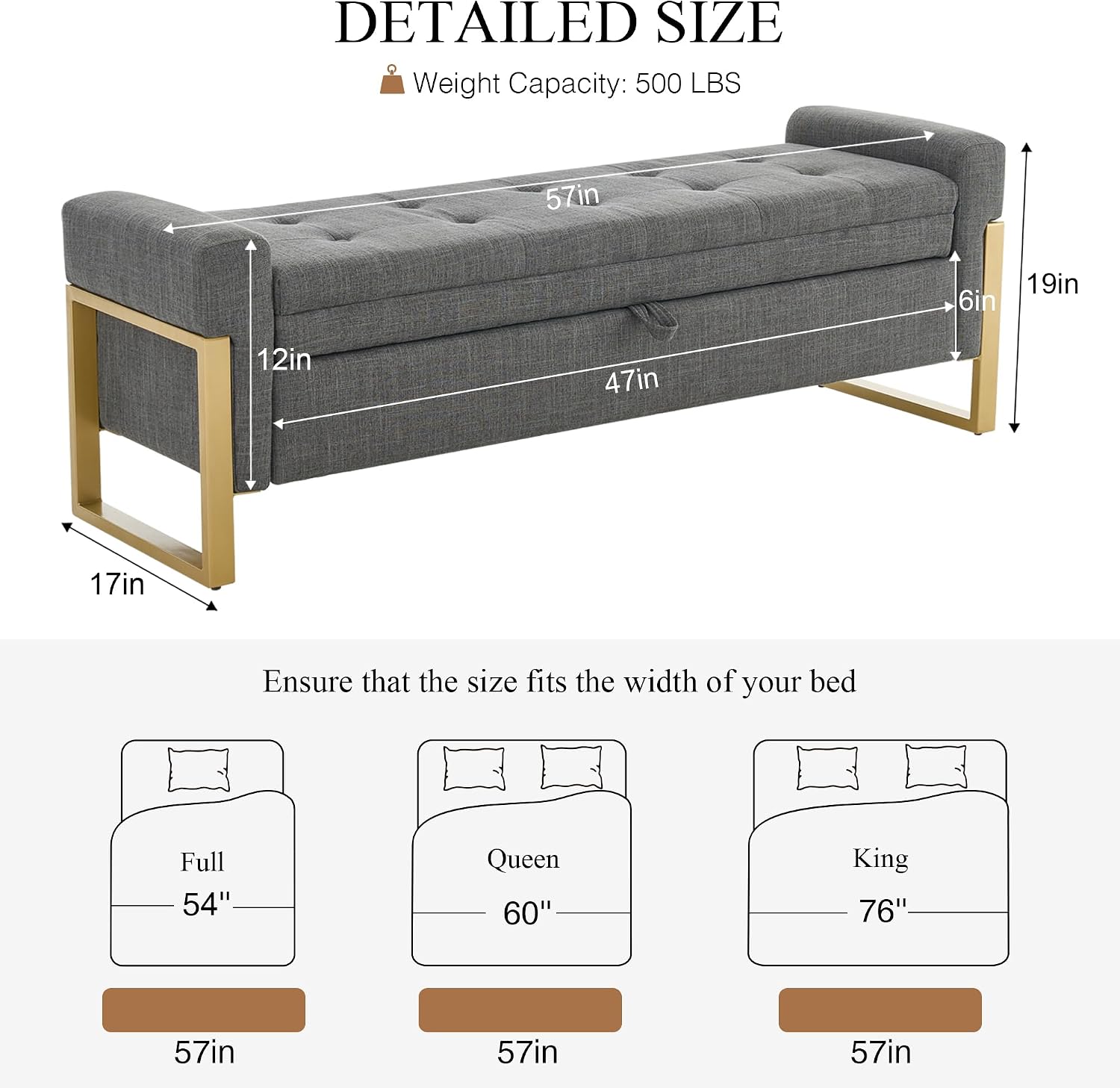 adochr 57" Storage Bench, Linen Upholstered Ottoman with Storage, Large End of Bed Bench with Metal Legs & Button-Tufted,500 lb Capacity, for Living Room, Bedroom, Entryway, Dark Grey