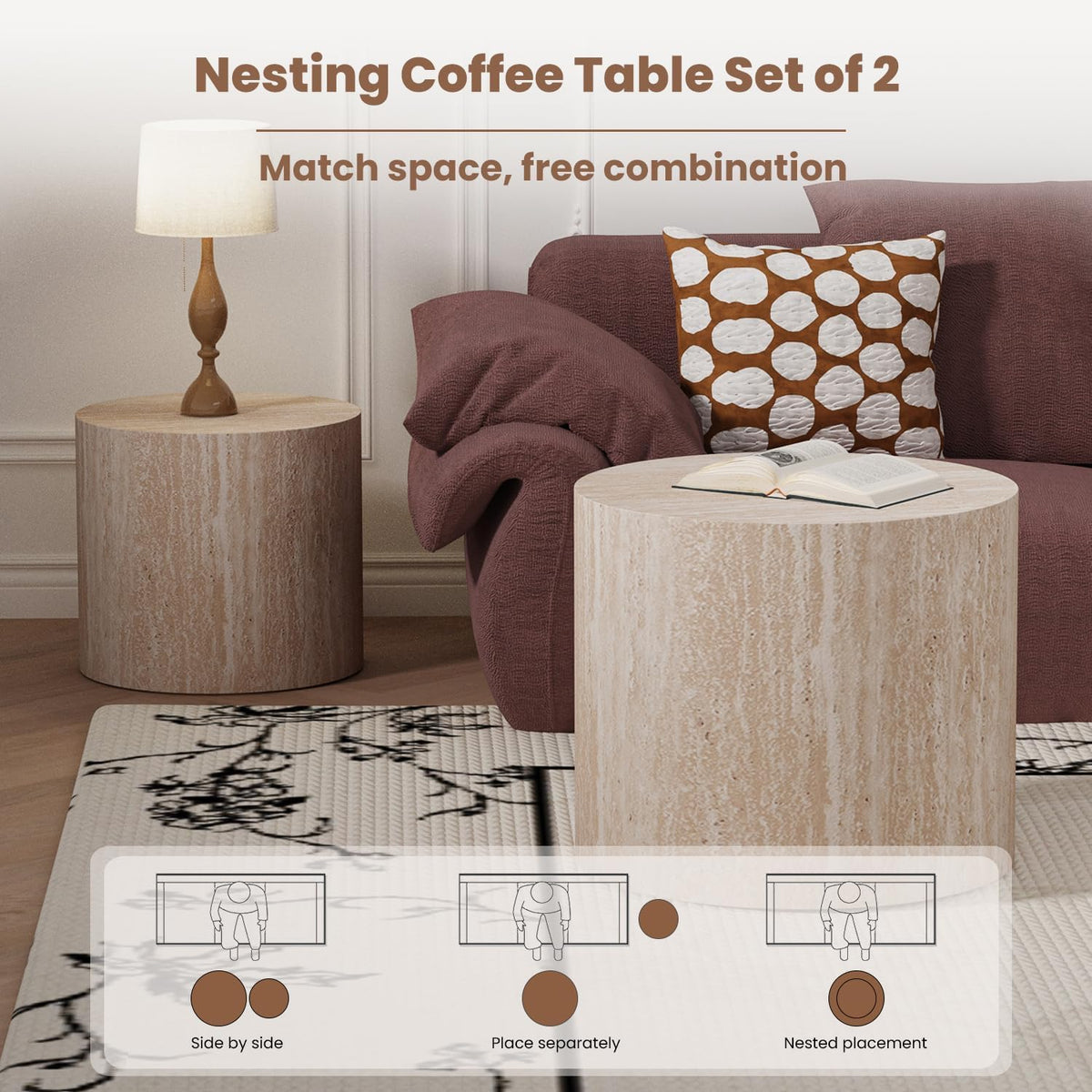 WXFKLDJ Round Nesting Coffee Table Set of 2, Wood Side Table, Travertine | Modern Handcraft Drum Coffees Table, Farmhouse Style End Table, for Living Room Small Spaces, No Assembling