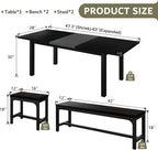 iPormis 5-Piece Dining Table Set for 4-8 People, Extendable Kitchen Table Set with 2 Benches and 2 Square Stools, Mid-Century Dining Room Table with Metal Frame & MDF Board, Saving Space, Black