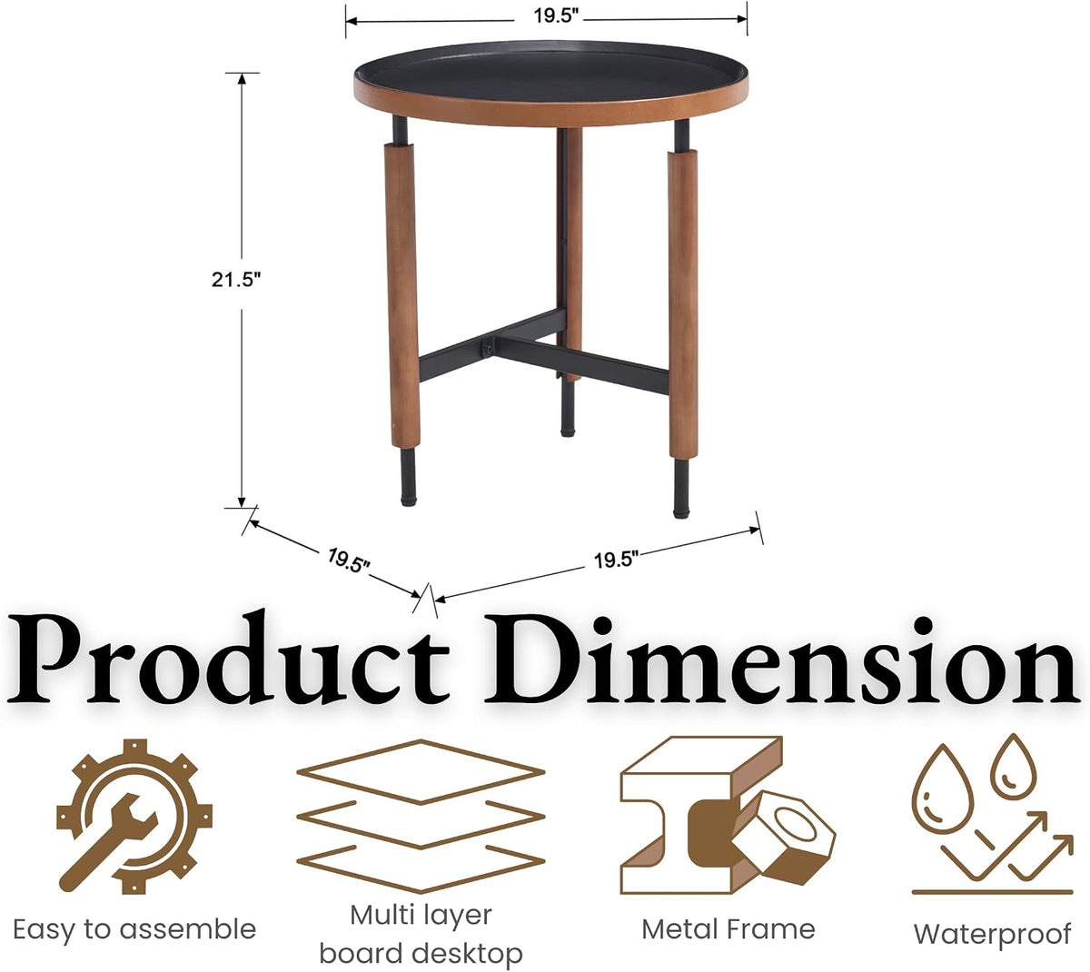 EALSON 19.5" Round Side Table Mid Cnetury Modern End Table for Couch Sofa with Black Metal Legs/Wood Top Vintage Accent Nightstand for Living Room Bedroom Small Spaces Office, Walnut
