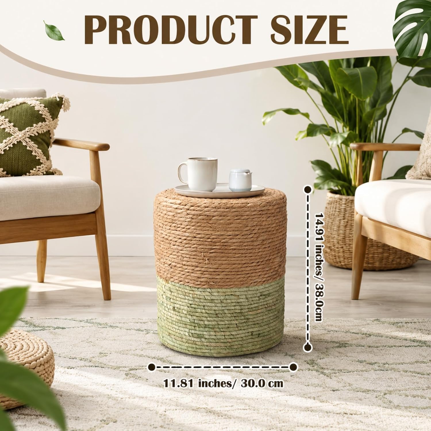 Barydat 2 Pcs 15'' Ottoman Pouf Natural Seagrass Braided Poof Hand Weaving Round Ottomans Boho Footrest Stool for Home Living Room Bedroom Patio(Natural and Green)