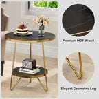 Tribesigns Faux Marble End Table, 2 Tier Round Side Table with Shelves, Modern Black Nightstand Bedside Table Small Coffee Accent Table for Living Room Bedroom, Black and Gold