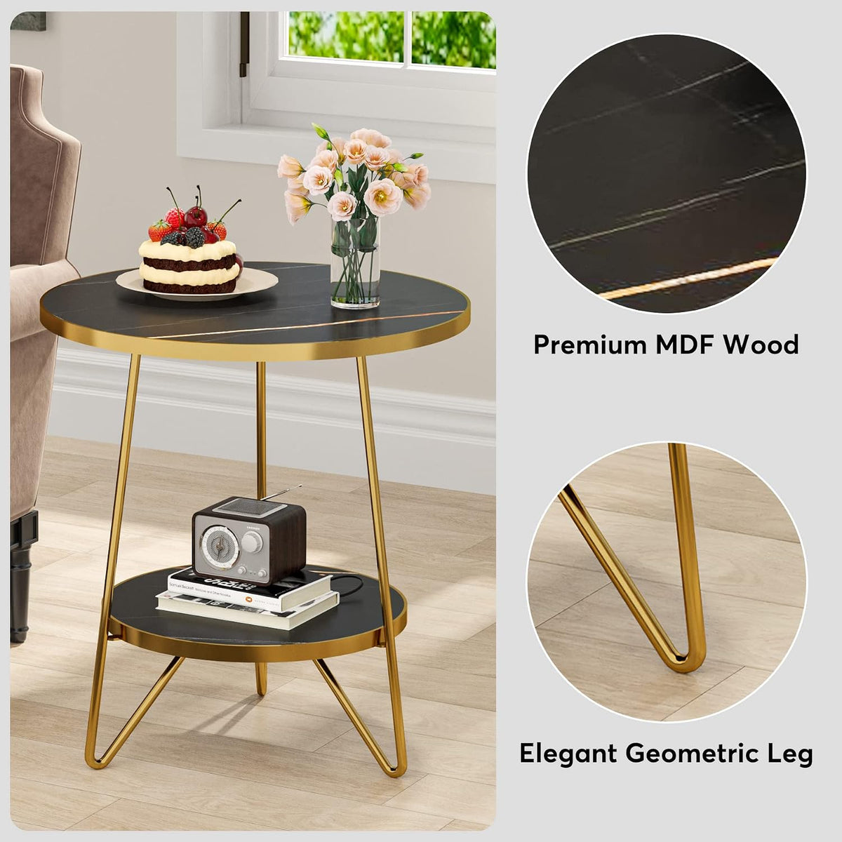 Tribesigns Faux Marble End Table, 2 Tier Round Side Table with Shelves, Modern Black Nightstand Bedside Table Small Coffee Accent Table for Living Room Bedroom, Black and Gold