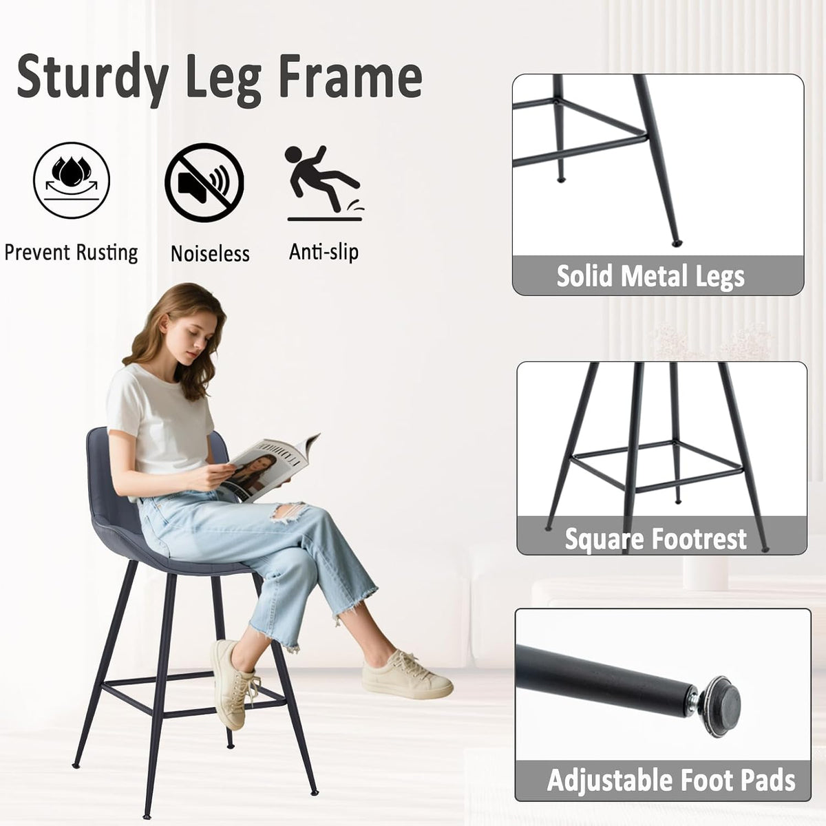 Sidanli Counter Height Barstools Set of 2, Counter Height Chairs with Backrest, Faux Leather, Metal Legs, 24 Inch Height Bar stools for Kitchen, Dining Room, Gray