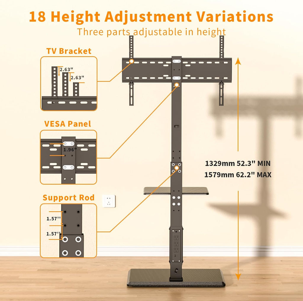 TV Floor Stand with Power Outlet & Removable Shelf for 32-75 Inch TVs | 110 lbs Capacity | ±30° Swivel | Height Adjustable | Cable Management | Safety Lock | Ideal for Living Room, Bedroom, Office