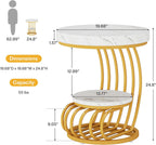 Tribesigns Round End Table, 2-Tier Modern Wood Side Table with Shelf Storage, Faux Marble Sofa Side Bedside Nightstand, Arc-Shaped Frame Accent Furniture for Living Room, Gold & White