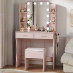 Otterease 31" Makeup Vanity Desk with LED Mirror and Storage Stool, Pink | Charging Station, 3‑Color Light, 2 Drawers and 4 Open Shelves Provide Organized Storage for Cosmetics and Beauty Essentials