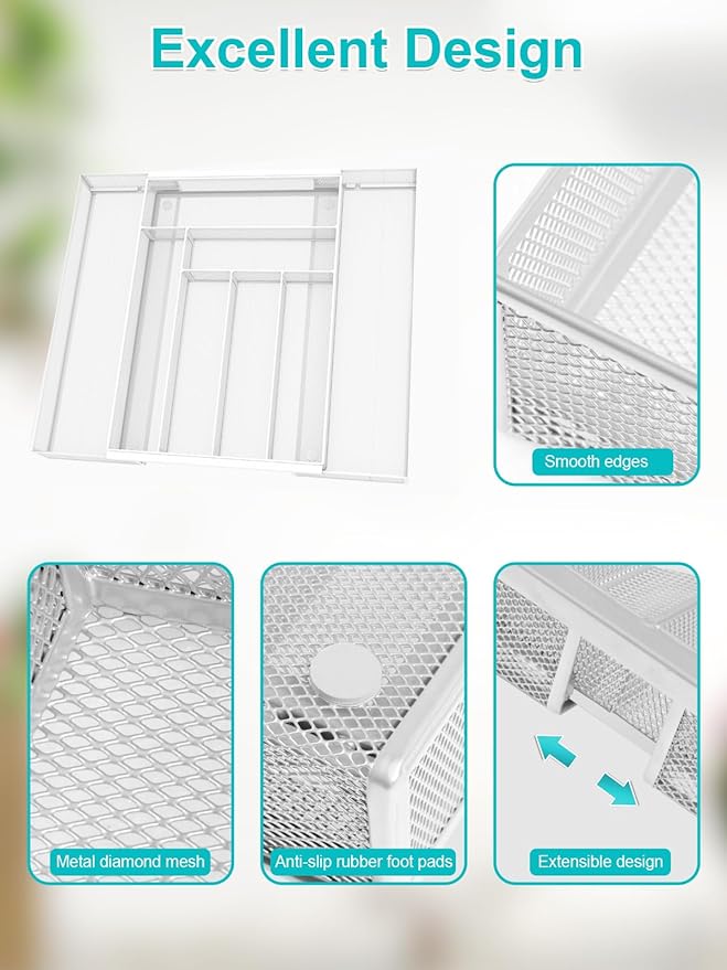 Silverware Organizer Metal Mesh, Large Drawer Organizer, Utensil Cutlery Tray for kitchen drawers, Expandable Flatware Organizer with 8 Compartment White 11.6"~20" x 17.3"