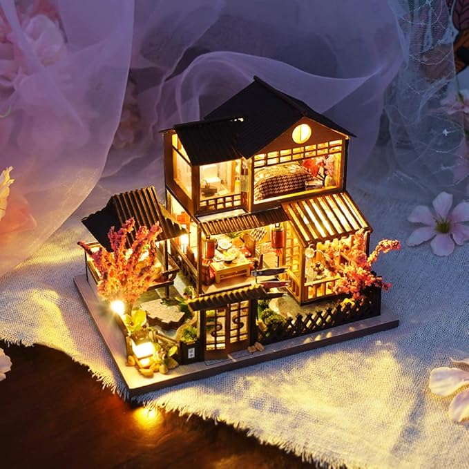 CUTEBEE Dollhouse Miniature with Furniture, DIY Wooden Dollhouse Kit Plus Dust Proof, Creative Room Idea (Japanese Garden House)