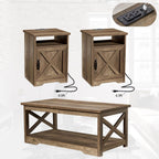 AMERLIFE 3 Piece Farmhouse Living Room Coffee Table Set, Barnwood | Coffee Table & 2 End Tables with Charging Station and USB Ports, Farmhouse Style, Barn Door Design, Living Room Furniture