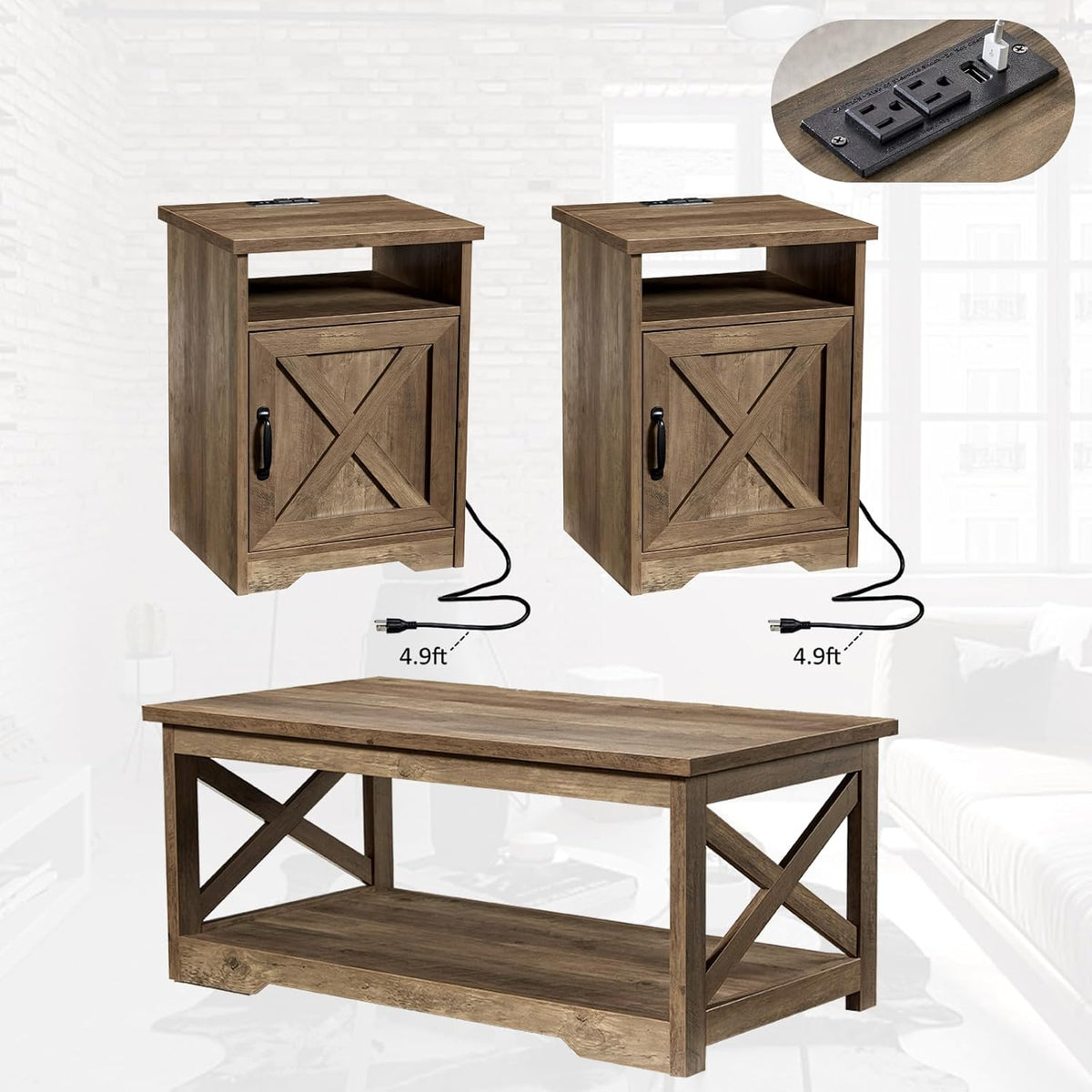 AMERLIFE 3 Piece Farmhouse Living Room Coffee Table Set, Barnwood | Coffee Table & 2 End Tables with Charging Station and USB Ports, Farmhouse Style, Barn Door Design, Living Room Furniture