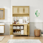 71" Tall Kitchen Pantry Cabinet, Freestanding Rattan Hutch with Microwave Stand, 3 Drawers & 6 Hooks, Kitchen Pantry Cabinet for Dining Room & Kitchen Organization
