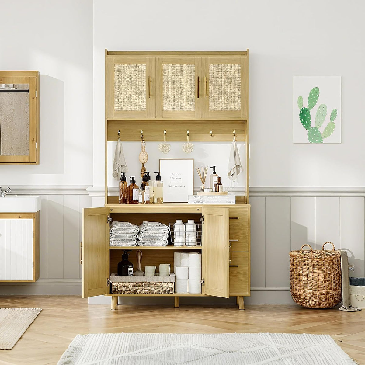 71" Tall Kitchen Pantry Cabinet, Freestanding Rattan Hutch with Microwave Stand, 3 Drawers & 6 Hooks, Kitchen Pantry Cabinet for Dining Room & Kitchen Organization