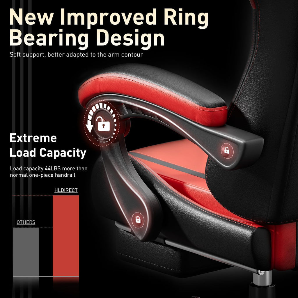 HLDIRECT High Back Gaming Chair, USB Massage Lumbar Support, Black&Red | PU Leather & Pocket Spring Seat Cushion, Footrest, 90°-135° recline, 330 lb capacity, for adult gaming, work & relaxing
