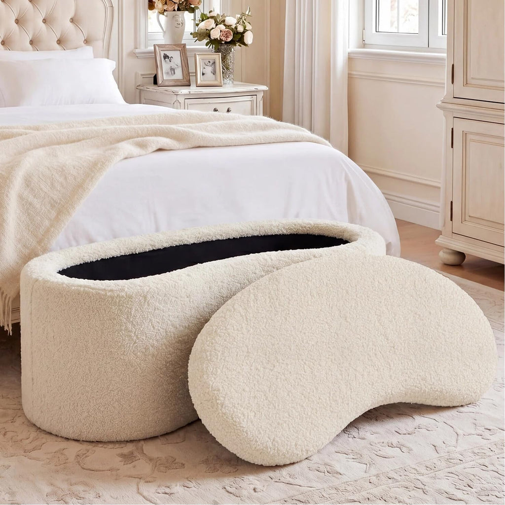 Zesthouse Storage Bench for Bedroom End of Bed, 39.4" Small Curved Entryway Ottoman Bench, White Sherpa Fabric Bench Seat for Living Room Hall Mudroom, Modern Upholstered Coffee Table Crescent Shape
