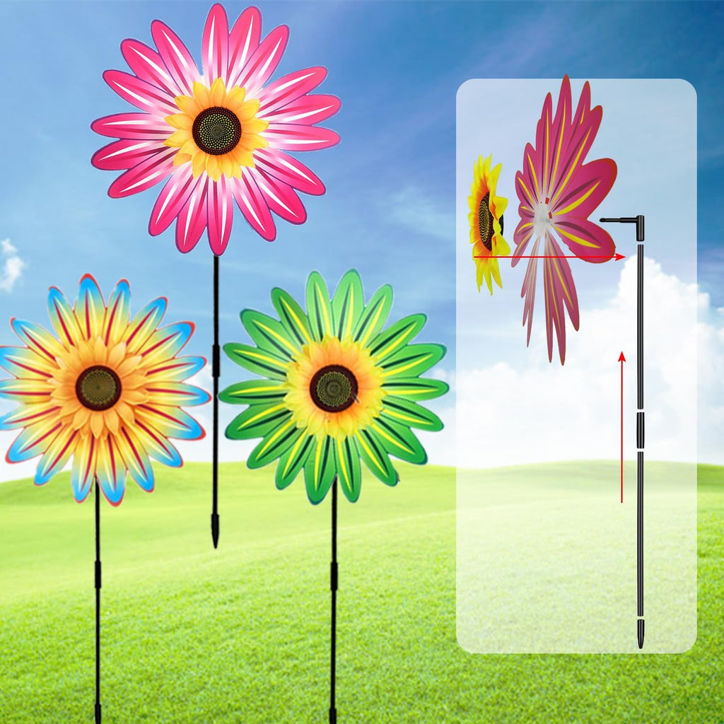3PCS Sunflower Pinwheels Outdoor Wind Spinners, Colorful Flower Windmill Decorative Pinwheel for Garden, Yard, Party Outdoor Decor(Green, Blue, Pink)