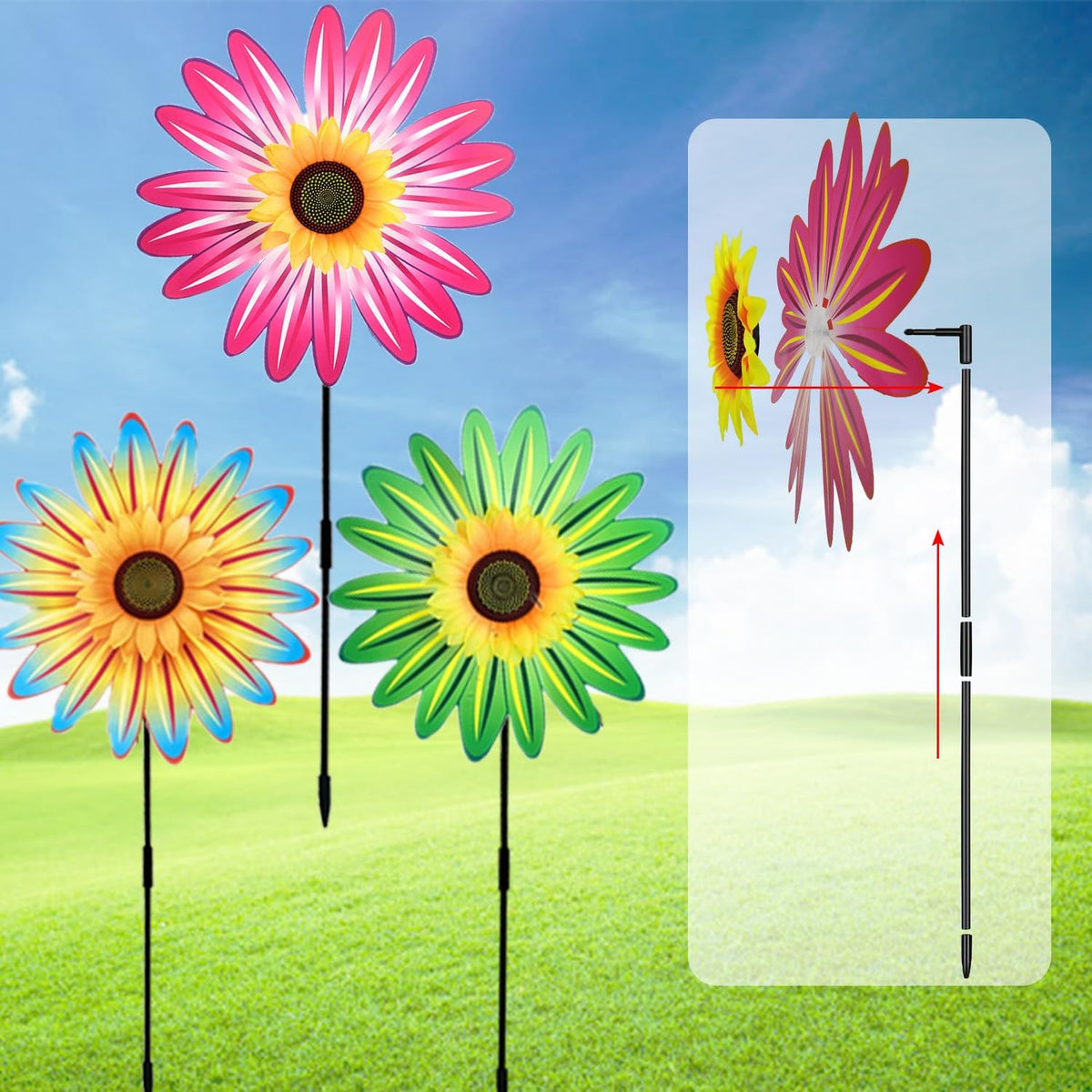 3PCS Sunflower Pinwheels Outdoor Wind Spinners, Colorful Flower Windmill Decorative Pinwheel for Garden, Yard, Party Outdoor Decor(Green, Blue, Pink)