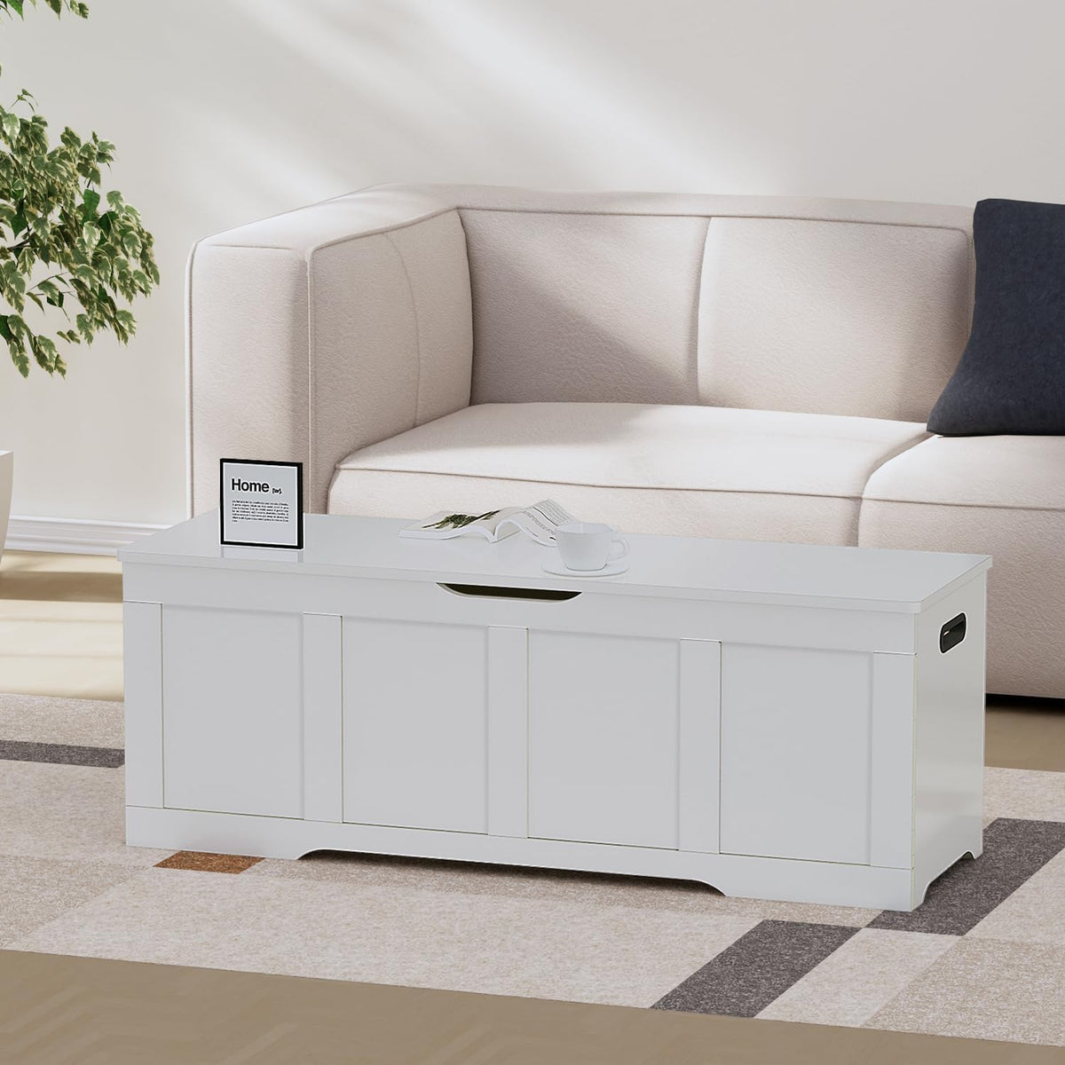Timberer 47.2" Storage Chest, Extra Large Storage Trunk with 2 Safety Hinges, Wooden Storage Bench, Shoe Bench, Entryway Bench for Living Room, Bedroom, White