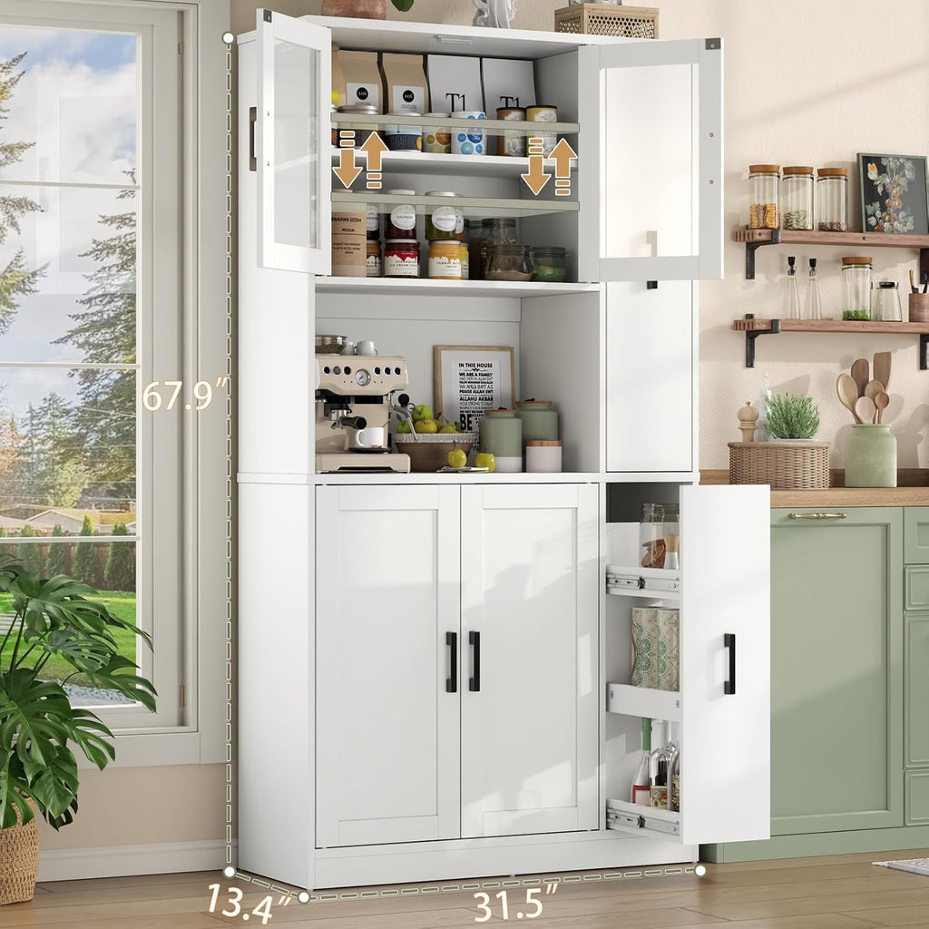 68" Kitchen Pantry Cabinet with Side Drawer, Kitchen Pantry Storage Cabinet | Tall White Pantry with Acrylic Door, Freestanding Food Hutch with Microwave Stand for Dining Room, Kitchen