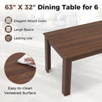 COSTWAY Dining Table for 4-6 People, 63” Rectangular Dining Room Table, Farmhouse Dinette Table with Large Computer Workstation, Modern Kitchen Table for Apartment, Living Room, Restaurant (Walnut)