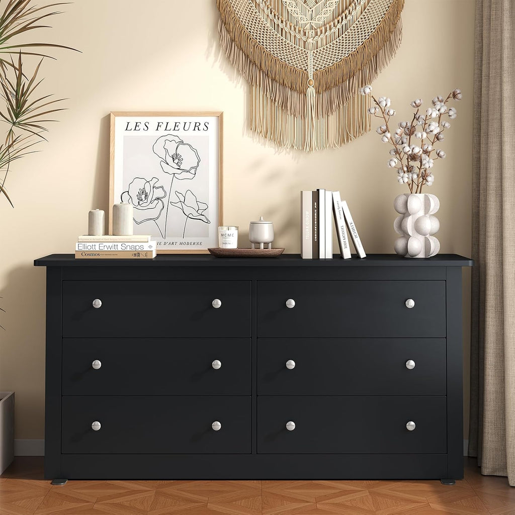 DUMOS Home Storage for Living Room, Wood Cabinet with 6 Drawers, 59" Wide TV Stand with Metal Handles, Storage Organizer for Bedroom, Entryway and Home Office, Wood