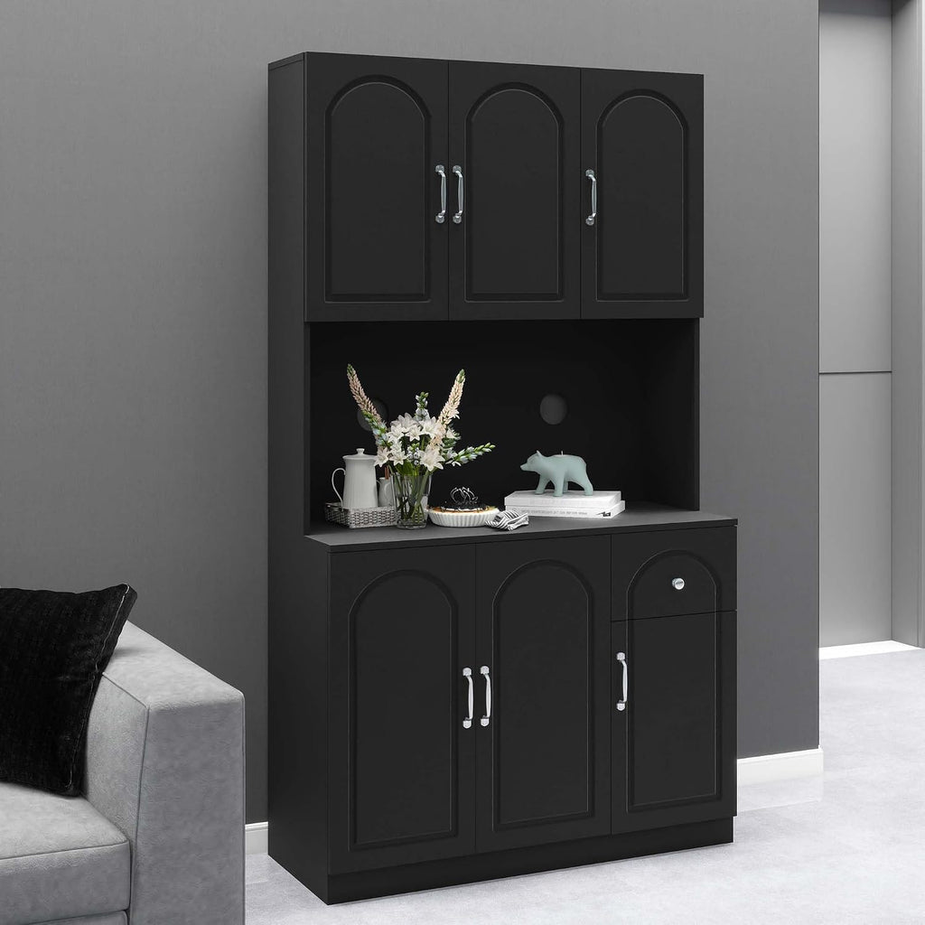 Kitchen Pantry Storage Hutch Cabinet, Tall Kitchen Cupboard & Stand Alone Pantry with Microwave Oven Countertop|Adjustable Shelves|Doors|Drawer (Black)