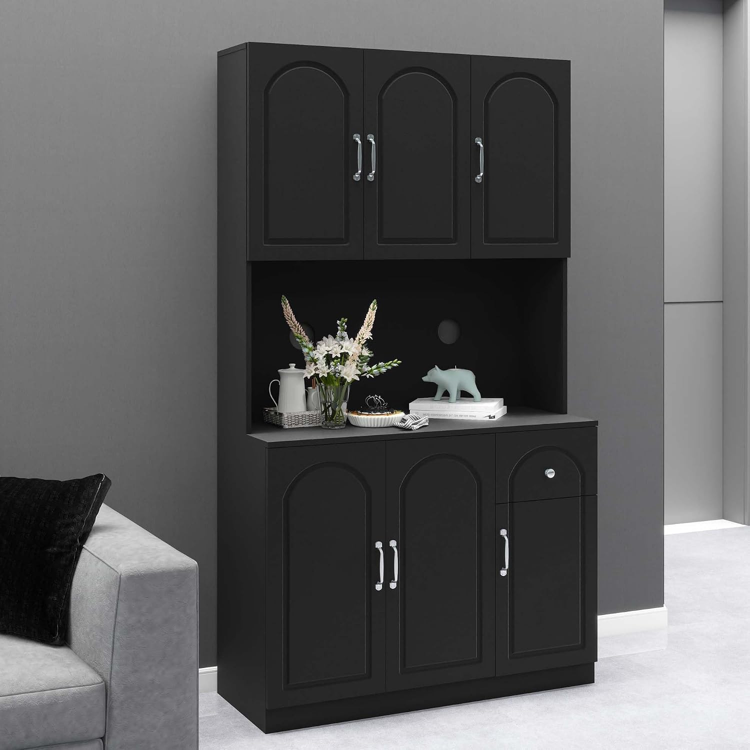 Kitchen Pantry Storage Hutch Cabinet, Tall Kitchen Cupboard & Stand Alone Pantry with Microwave Oven Countertop|Adjustable Shelves|Doors|Drawer (Black)