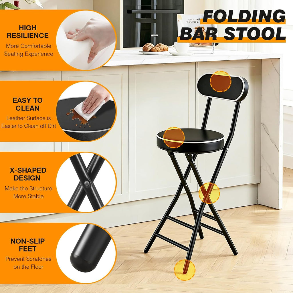 5Rcom 2 Pack Folding Stool, 24 inch Cushioned Padded Folding Bar Stool with Backrest, Foldable Stools for Adults Up to 400lbs, Collapsible Round Folding Counter Height Stool Chair for Camping Kitchen