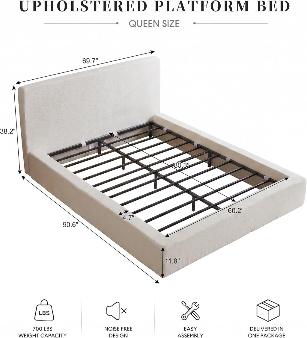 Queen Upholstered Platform Cloud Bed Frame with Headboard, Beige