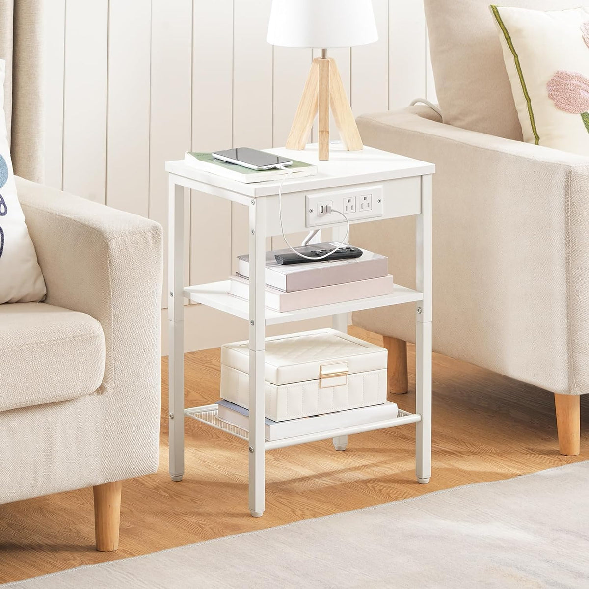 HOOBRO Side Table with Charging Station and USB Port, Small End Table for Small Space, 3-Tier Nightstand with Adjustable Shelf, for Living Room, Bedroom, White WW112BZ01