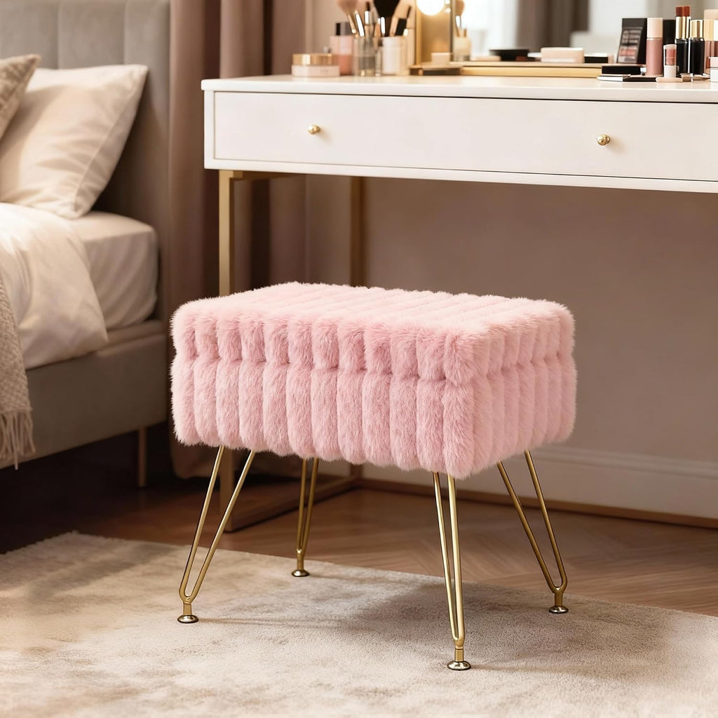 Vanity Stool Chair with Storage, Faux Fur Soft Padded Ottoman with Coffee Table, Modern Vanity Chair Fluffy Footstool with Metal Legs for Makeup, Living Room, Bedroom Pink