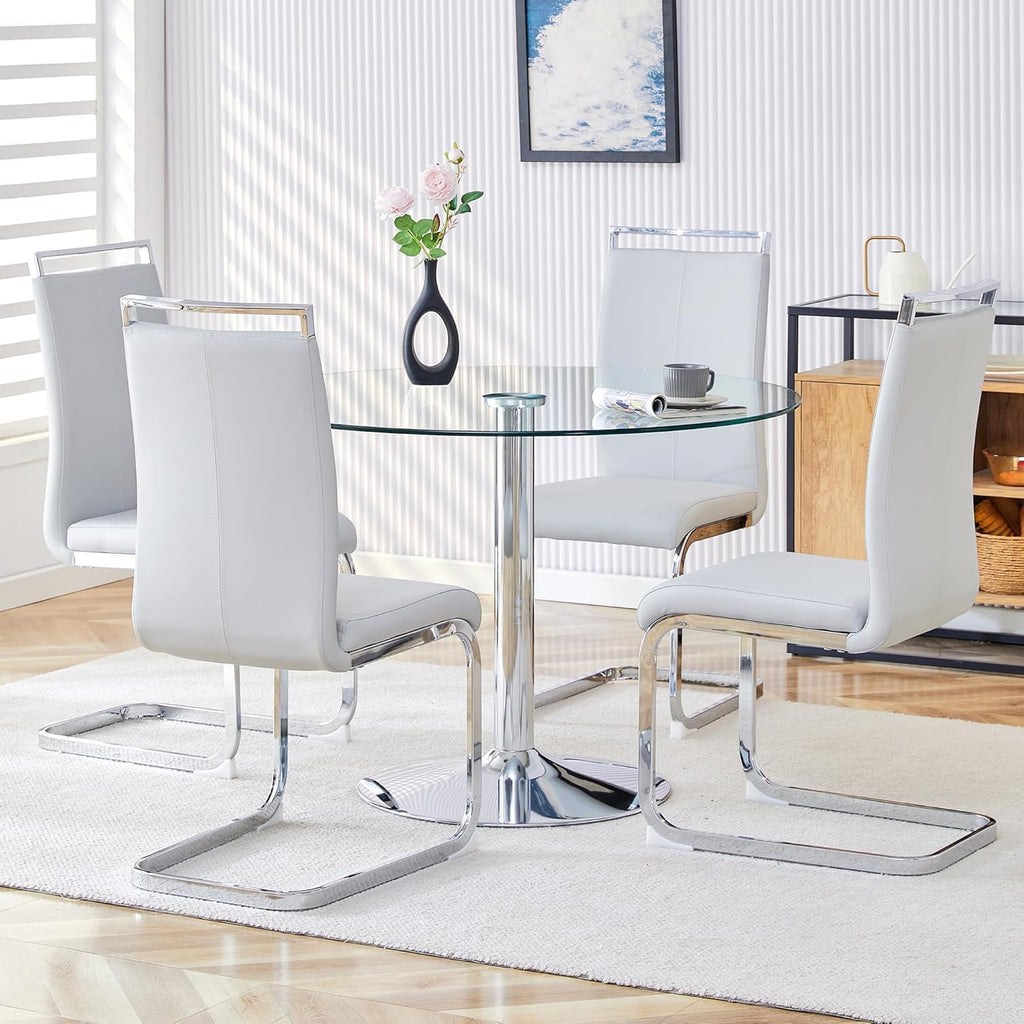 gopop 40" Round Glass Dining Table, Modern Kitchen Table with Tempered Glass Top & Stainless Steel Silver Leg, Clear Dining Room Table for Kitchen Dinner Room.