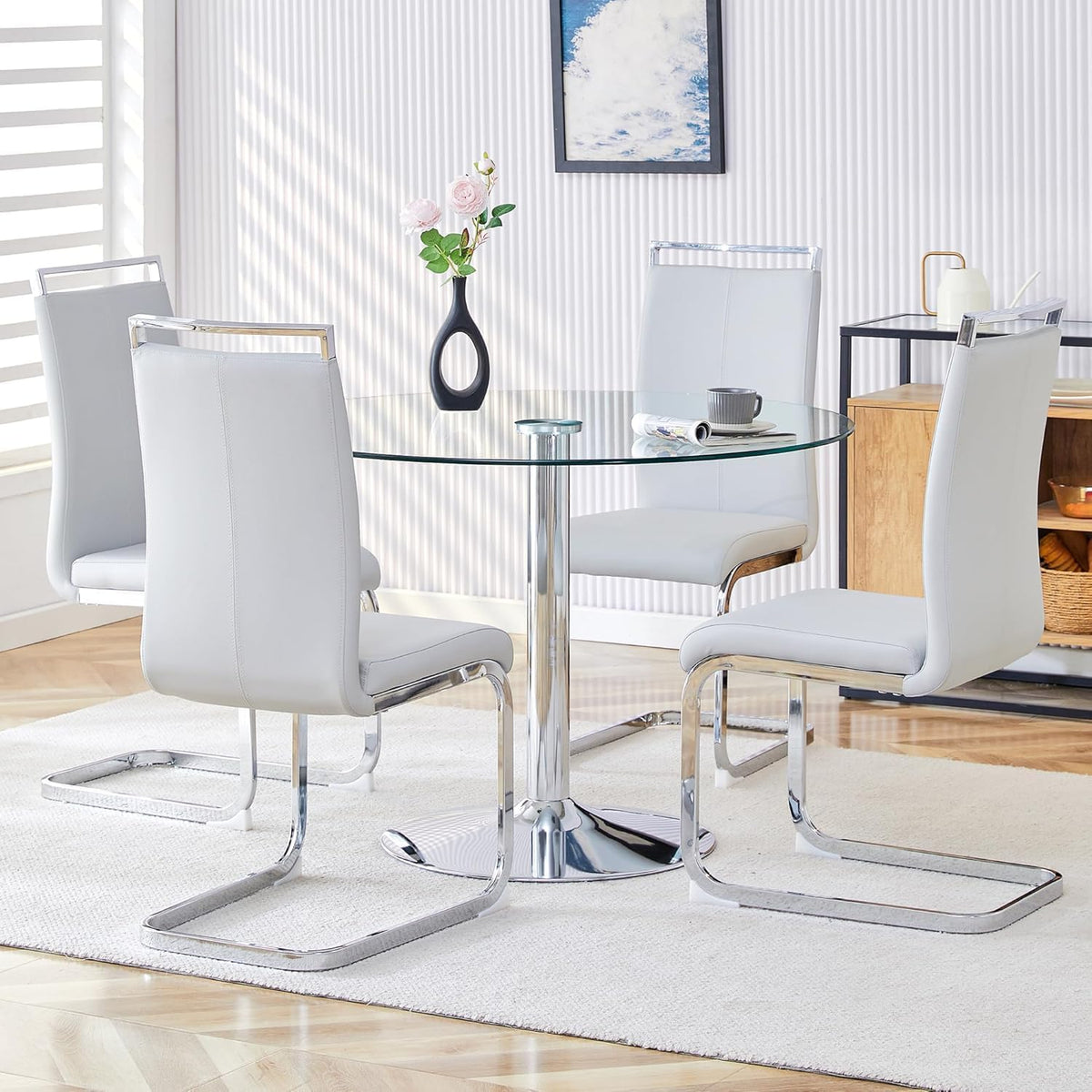 gopop 40" Round Glass Dining Table, Modern Kitchen Table with Tempered Glass Top & Stainless Steel Silver Leg, Clear Dining Room Table for Kitchen Dinner Room.