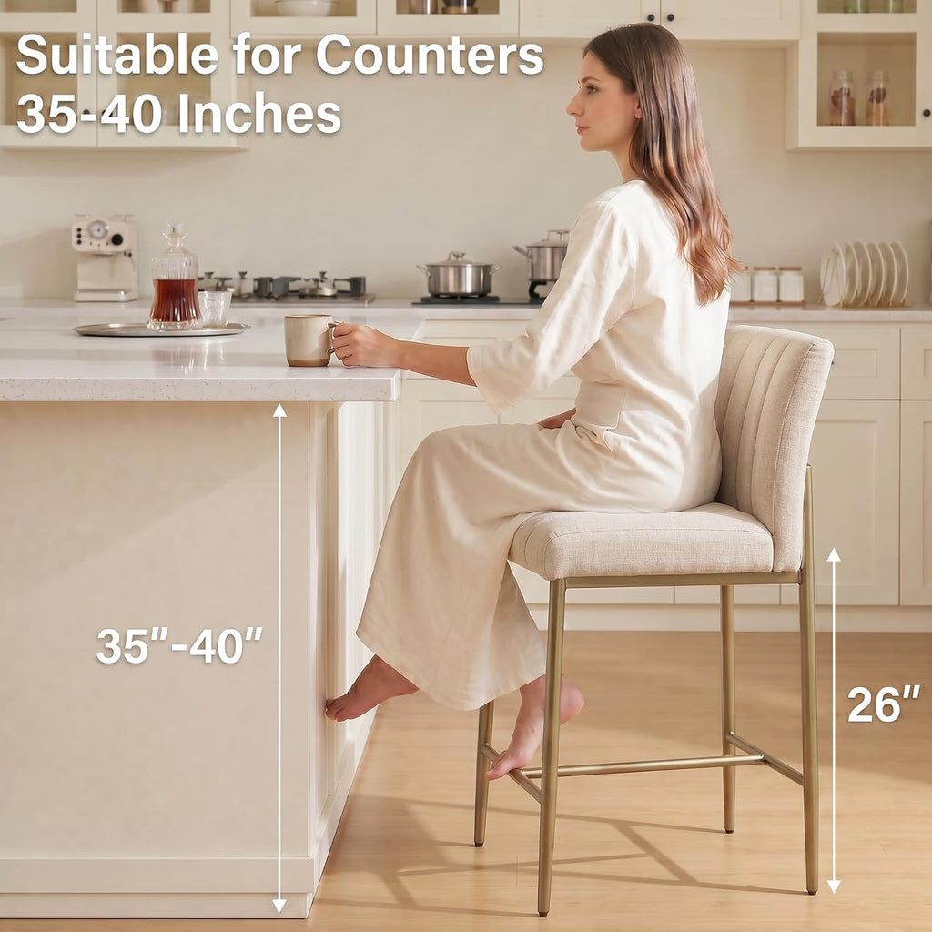 GrandNoor Comfortable Bar Stools Set of 2, 26” Thick Upholstered Counter Height Bar Stools with Back, Linen Counter Stools with Metal Legs for Kitchen Island, Khaki
