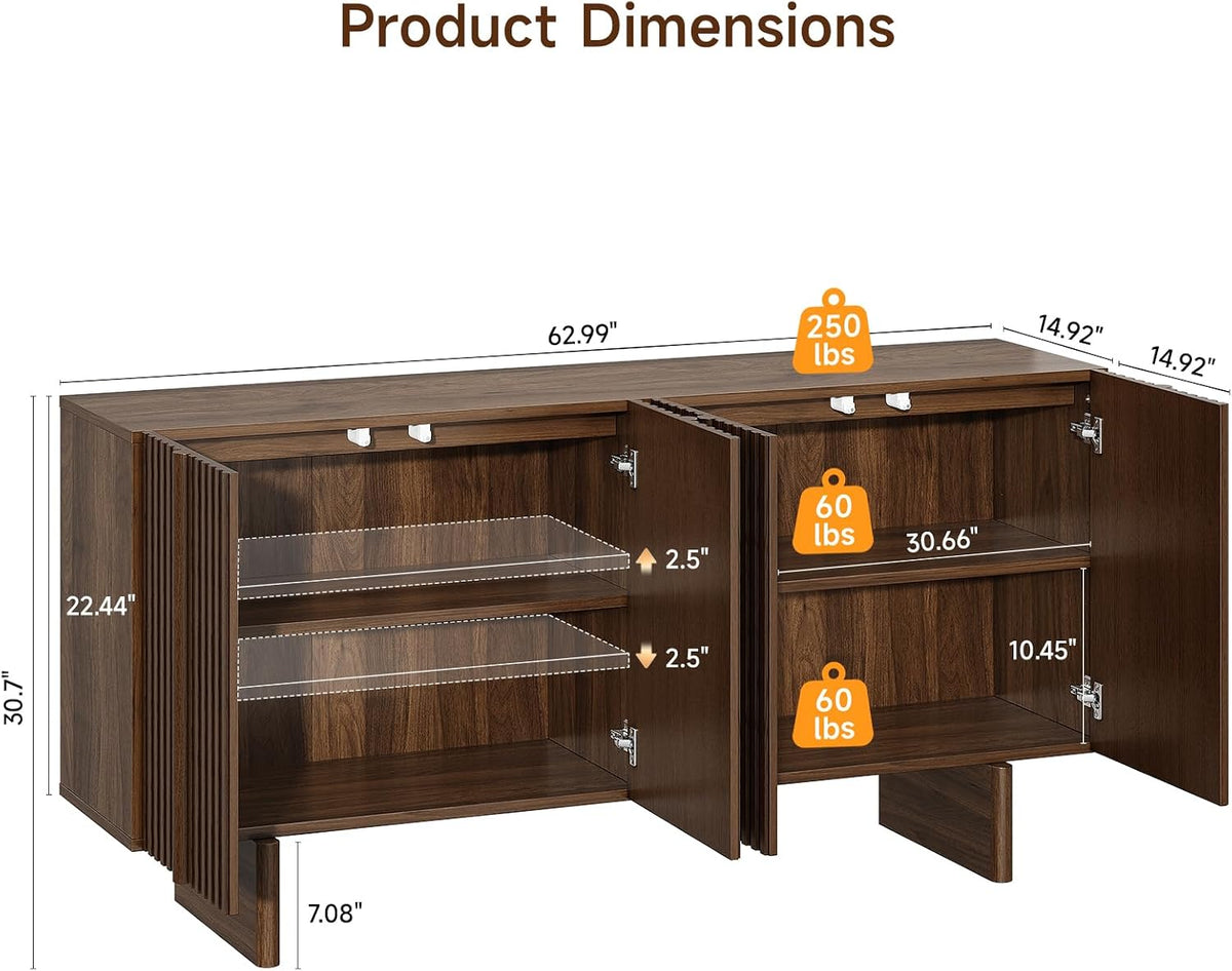 ONBRILL 63" Fluted Sideboard Cabinet with Storage Adjustable Shelves Walnut
