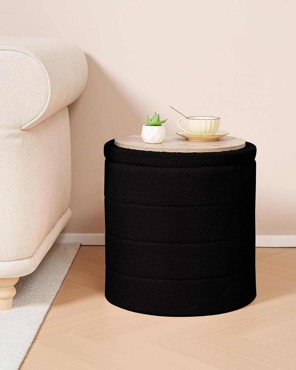 B FSOBEIIALEO Folding Storage Ottoman, Round Sherpa Ottomans, Black | 16.9" Foldable Ottoman With Tray, Boucle Foot Stool, Small Storage Coffee Table for Living Room, Bedroom, Hallway